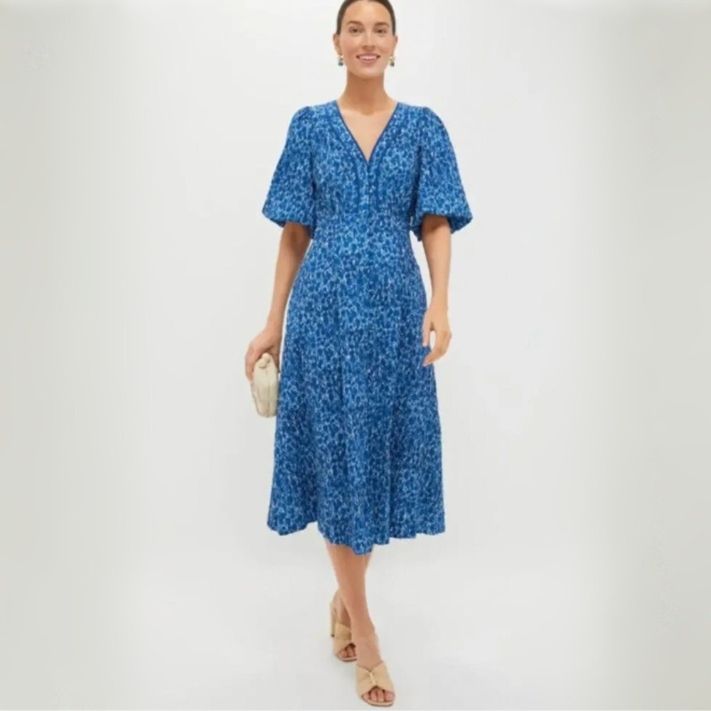 Tuckernuck Seaport Blue Dana Dress Floral Puff Sleeve Midi Womens M NWT